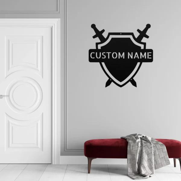 Personalized Medieval Shield Metal Art Sign Knight Family Crest Decor Personalized medieval shield metal wall sign in 16 gauge steel for knight family crest decor, custom castle wall art plaque and gift.