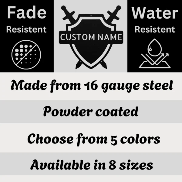 Personalized Medieval Shield Metal Art Sign Knight Family Crest Decor Personalized medieval shield metal wall sign in 16 gauge steel for knight family crest decor, custom castle wall art plaque and gift.