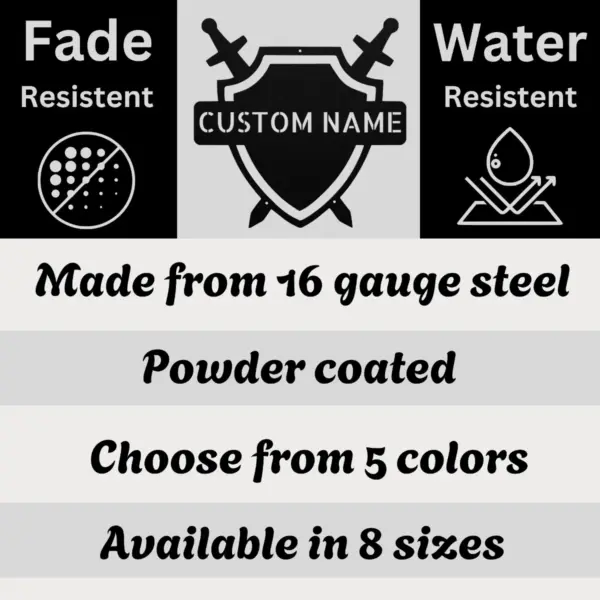 Personalized Medieval Shield Metal Sign Knight Family Decor Personalized medieval shield metal sign in 16 gauge steel for knight family crest decor, custom castle wall art plaque and gift.