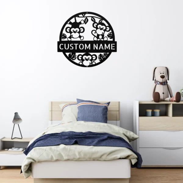 Personalized Monkeys Metal Sign Jungle Wall Art Decor Personalized monkey metal sign in 16 gauge steel for jungle wall decor, custom animal plaque for kids room, nursery, and animal lover gift art.