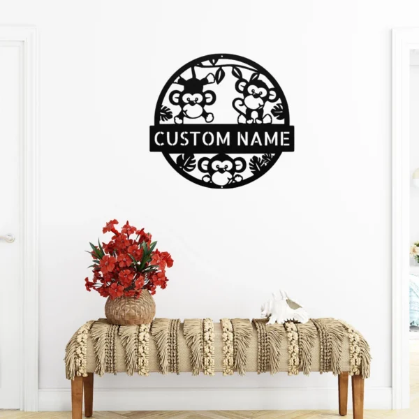 Personalized Monkeys Metal Sign Jungle Wall Art Decor Personalized monkey metal sign in 16 gauge steel for jungle wall decor, custom animal plaque for kids room, nursery, and animal lover gift art.