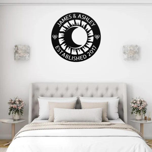 Personalized Moon Sun Couple Metal Art Sign Celestial Wall Decor Personalized moon sun couple metal art sign in 16 gauge steel for celestial couple wall decor, wedding plaque for home, romantic gift art.