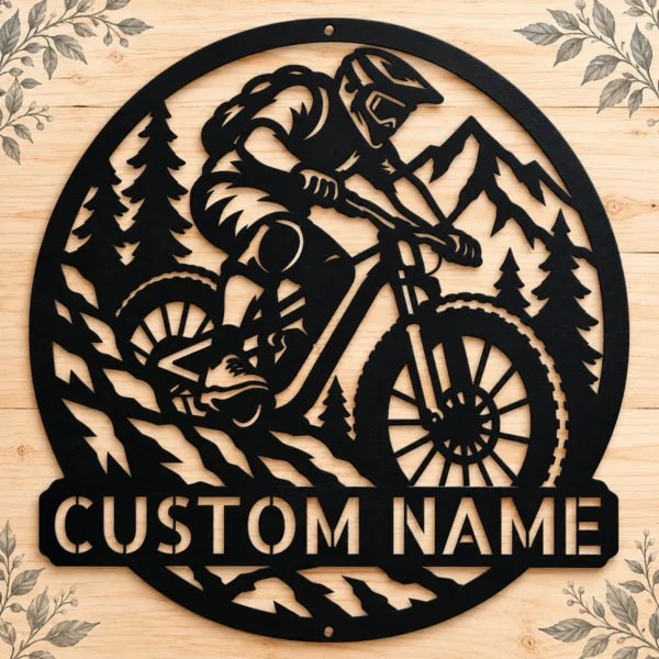 Personalized Mountain Bike Rider Sign in 16 gauge steel for MTB wall decor, custom cycling plaque for garage, riders and gift art.