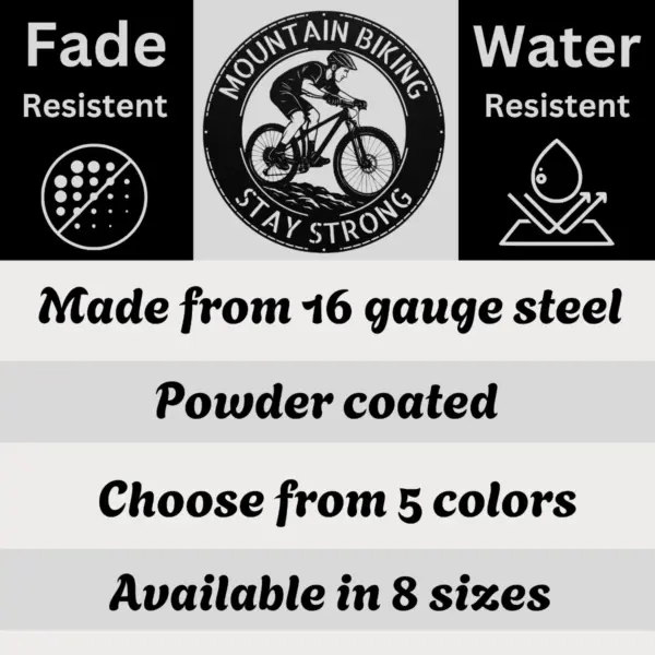Personalized Mountain Bike Rider Sign in 16 gauge steel for MTB wall decor, custom cycling plaque for garage, riders and gift art.