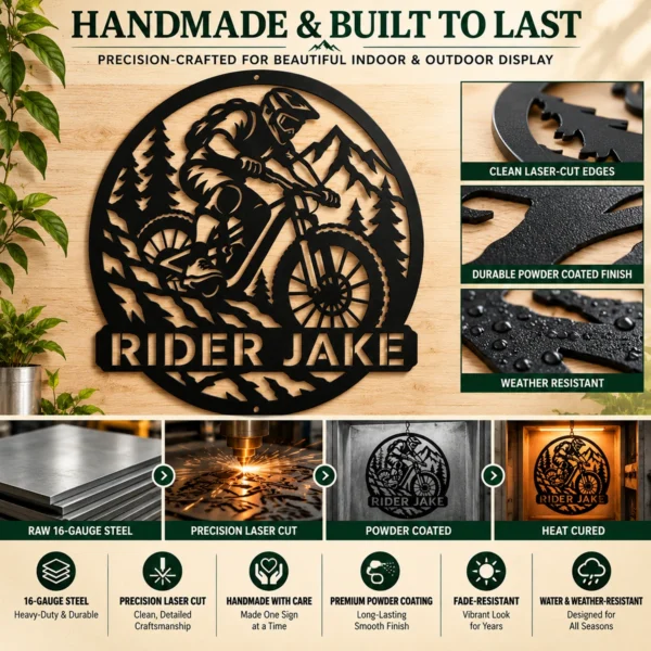Personalized Mountain Bike Rider Sign Custom Mtb Art Decor Personalized Mountain Bike Rider Sign in 16 gauge steel for MTB wall decor, custom cycling plaque for garage, riders and gift art.