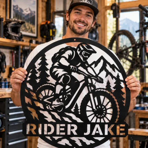 Personalized Mountain Bike Rider Sign Custom Mtb Art Decor Personalized Mountain Bike Rider Sign in 16 gauge steel for MTB wall decor, custom cycling plaque for garage, riders and gift art.
