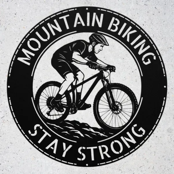 Personalized Mountain Bike Rider Sign in 16 gauge steel for MTB wall decor, custom cycling plaque for garage, riders and gift art.