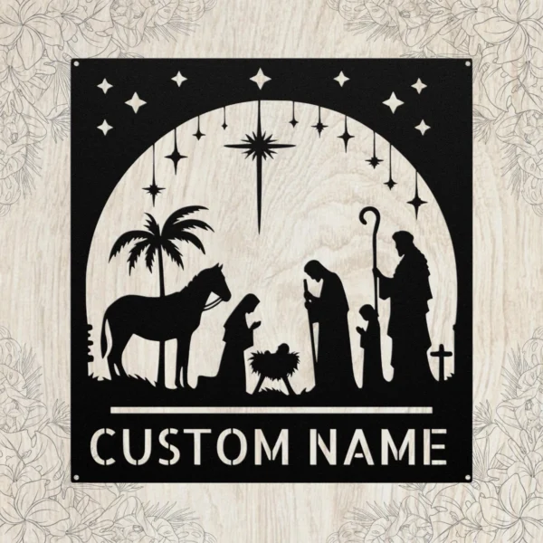 Personalized Nativity Scene Metal Sign Christmas Wall Decor Personalized nativity scene metal art sign in 16 gauge steel for Christmas wall decor, religious home display and custom holiday gift.
