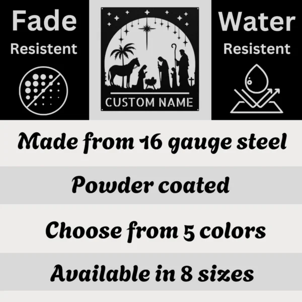 Personalized Nativity Scene Metal Sign Christmas Wall Decor Personalized nativity scene metal art sign in 16 gauge steel for Christmas wall decor, religious home display and custom holiday gift.