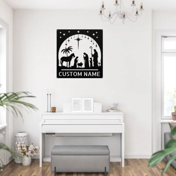 Personalized Nativity Scene Metal Sign Christmas Wall Decor Personalized nativity scene metal art sign in 16 gauge steel for Christmas wall decor, religious home display and custom holiday gift.