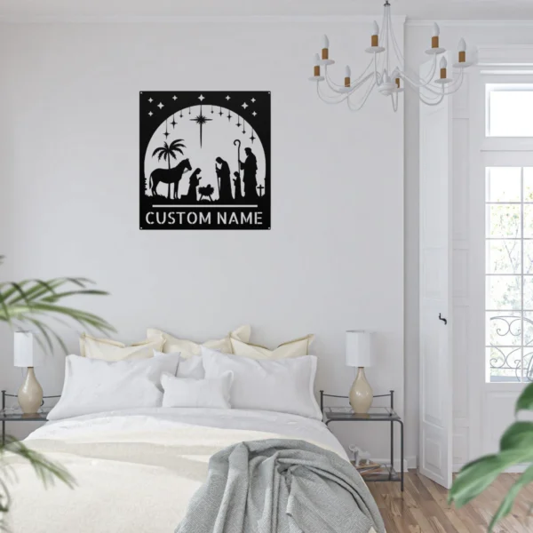 Personalized Nativity Scene Metal Sign Christmas Wall Decor Personalized nativity scene metal art sign in 16 gauge steel for Christmas wall decor, religious home display and custom holiday gift.