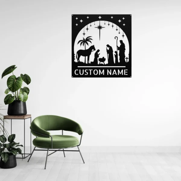 Personalized Nativity Scene Metal Sign Christmas Wall Decor Personalized nativity scene metal art sign in 16 gauge steel for Christmas wall decor, religious home display and custom holiday gift.