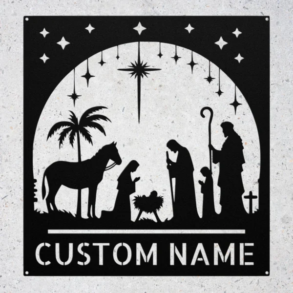 Personalized Nativity Scene Metal Sign Christmas Wall Decor Personalized nativity scene metal art sign in 16 gauge steel for Christmas wall decor, religious home display and custom holiday gift.