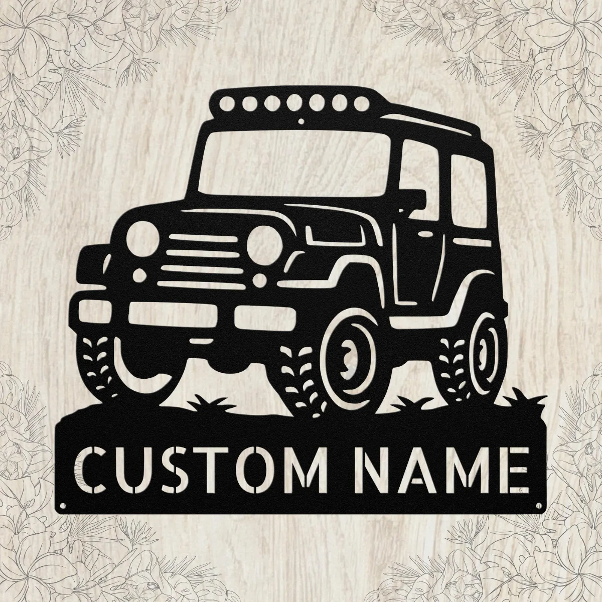 Personalized off-road vehicle metal sign in 16 gauge steel for 4x4 trail wall decor, custom jeep plaque for garage, drivers and adventure gift art.