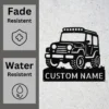 Personalized off-road vehicle metal sign in 16 gauge steel for 4x4 trail wall decor, custom jeep plaque for garage, drivers and adventure gift art.