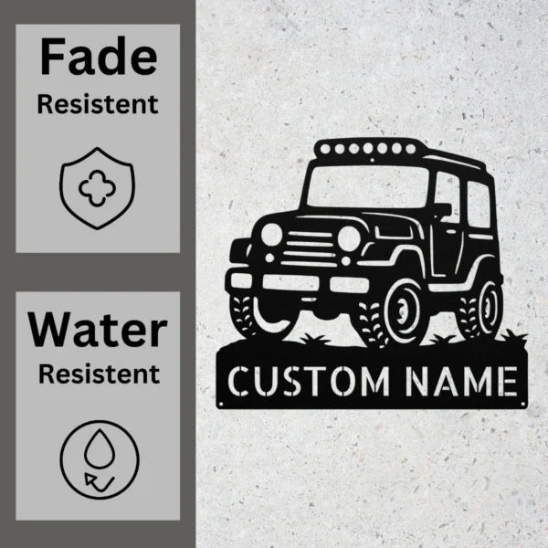 Personalized off-road vehicle metal sign in 16 gauge steel for 4x4 trail wall decor, custom jeep plaque for garage, drivers and adventure gift art.