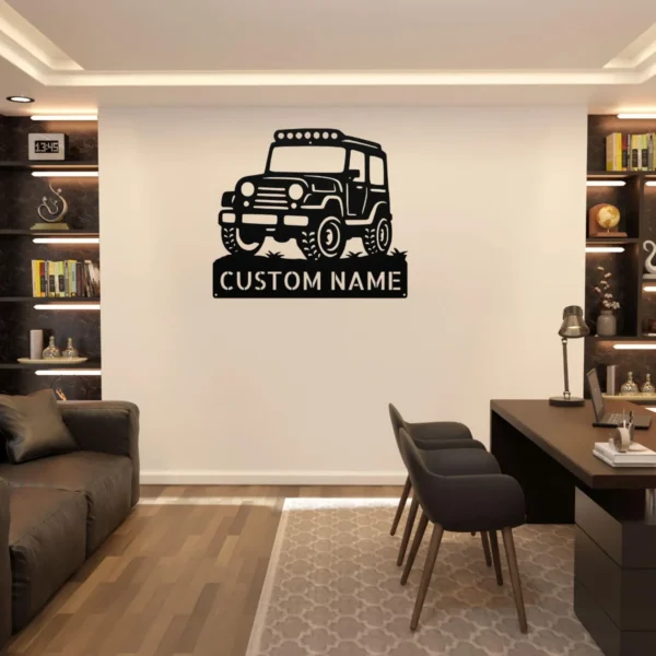 Personalized off-road vehicle metal sign in 16 gauge steel for 4x4 trail wall decor, custom jeep plaque for garage, drivers and adventure gift art.