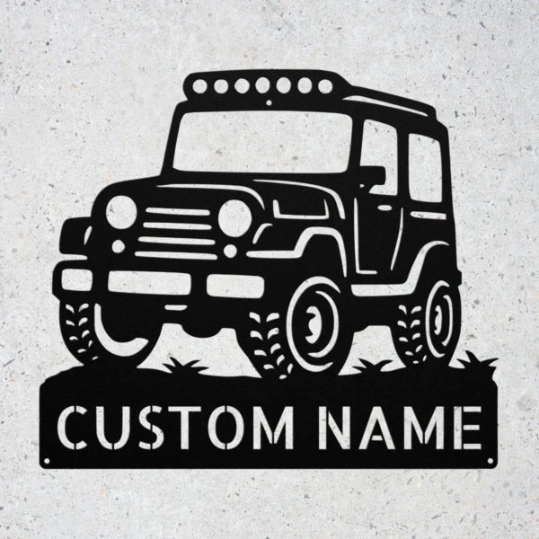 Personalized off-road vehicle metal sign in 16 gauge steel for 4x4 trail wall decor, custom jeep plaque for garage, drivers and adventure gift art.