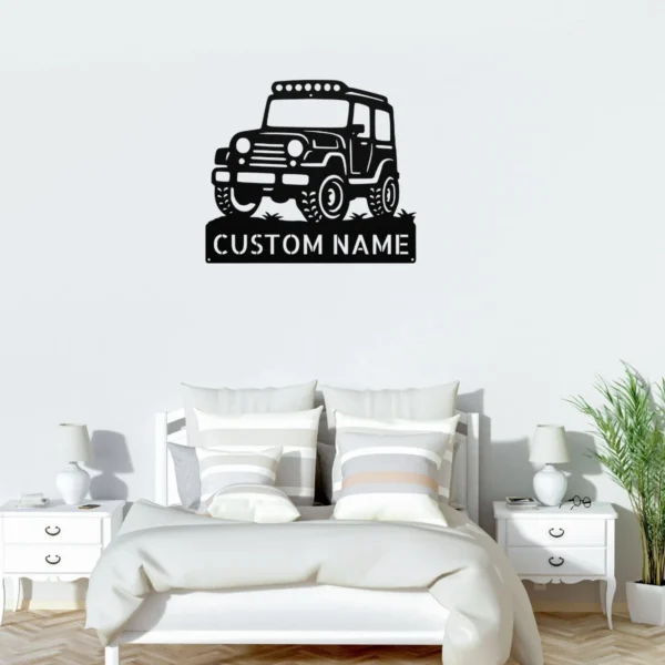 Personalized off-road vehicle metal sign in 16 gauge steel for 4x4 trail wall decor, custom jeep plaque for garage, drivers and adventure gift art.