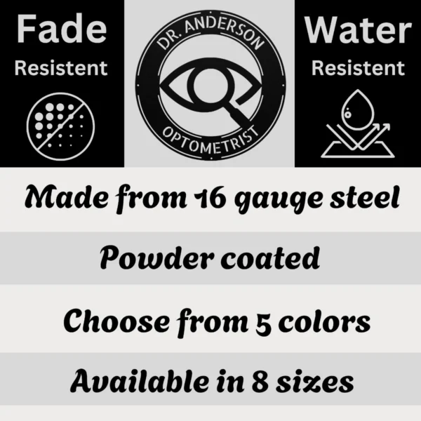 Personalized Optometrist Metal Sign Personalized optometrist metal sign crafted from 16 gauge steel, custom wall decor for eye doctor offices, clinics, and vision care professionals.
