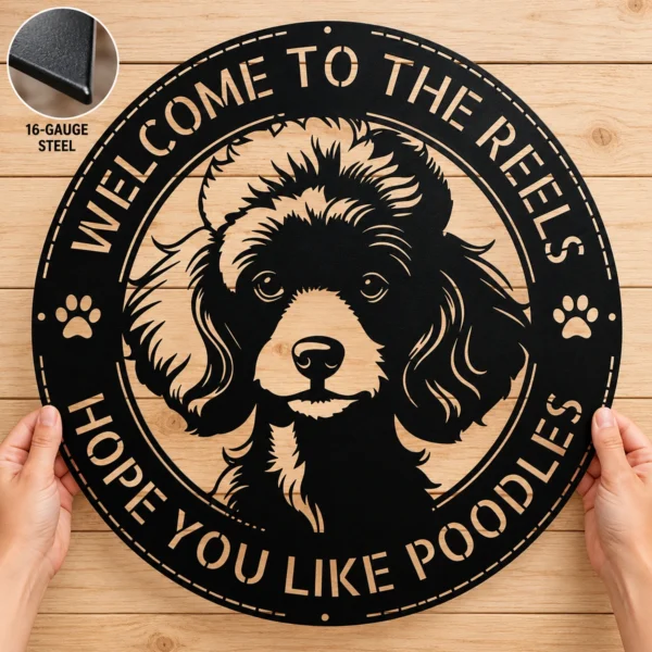 Personalized Poodle metal dog sign in 16 gauge steel for pet wall decor, custom family name plaque for home and elegant dog lover gift art.