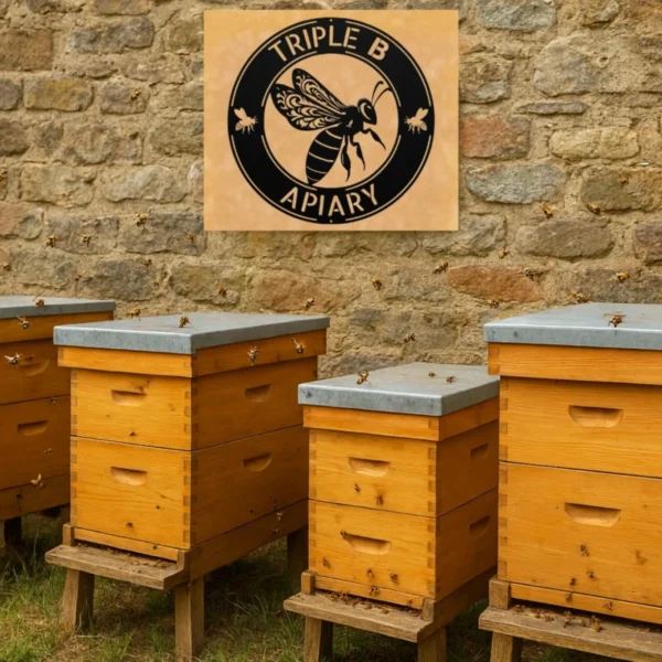 Personalized queen bee metal sign in 16 gauge steel for bee wall decor, custom hive plaque for beekeepers, farmhouse garden and gift art.