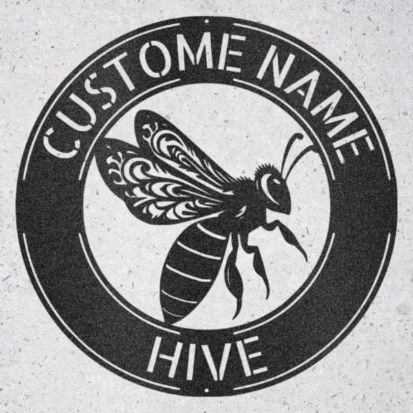 Personalized queen bee metal sign in 16 gauge steel for bee wall decor, custom hive plaque for beekeepers, farmhouse garden and gift art.