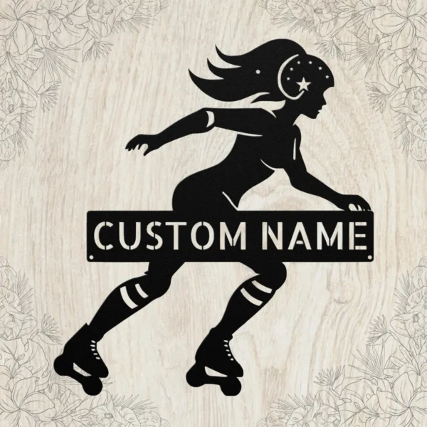 Personalized roller derby metal sign in 16 gauge steel for skate wall decor, custom derby team plaque for rink, gym and gift art.