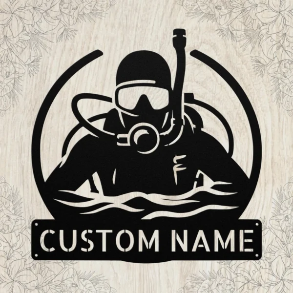 Personalized Scuba Diver Metal Sign Underwater Art Decor Personalized scuba diver metal sign in 16 gauge steel for underwater wall decor, custom ocean plaque for divers, beach home and gift art.