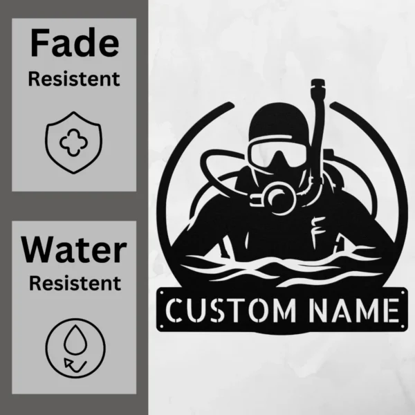 Personalized Scuba Diver Metal Sign Underwater Art Decor Personalized scuba diver metal sign in 16 gauge steel for underwater wall decor, custom ocean plaque for divers, beach home and gift art.