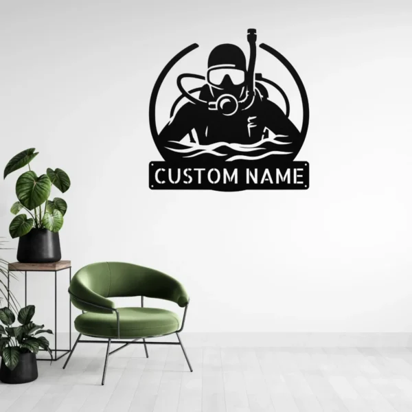 Personalized Scuba Diver Metal Sign Underwater Art Decor Personalized scuba diver metal sign in 16 gauge steel for underwater wall decor, custom ocean plaque for divers, beach home and gift art.