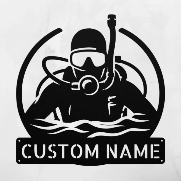 Personalized Scuba Diver Metal Sign Underwater Art Decor Personalized scuba diver metal sign in 16 gauge steel for underwater wall decor, custom ocean plaque for divers, beach home and gift art.