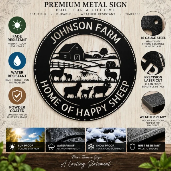 Personalized sheep farm metal sign in 16 gauge steel for rustic ranch wall decor, custom farm name plaque for barn, farmhouse and gift art.