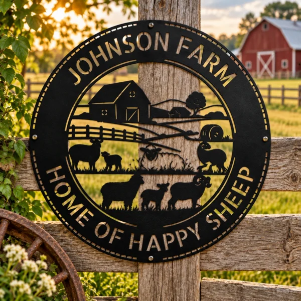 Personalized sheep farm metal sign in 16 gauge steel for rustic ranch wall decor, custom farm name plaque for barn, farmhouse and gift art.