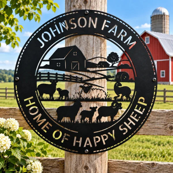 Personalized sheep farm metal sign in 16 gauge steel for rustic ranch wall decor, custom farm name plaque for barn, farmhouse and gift art.