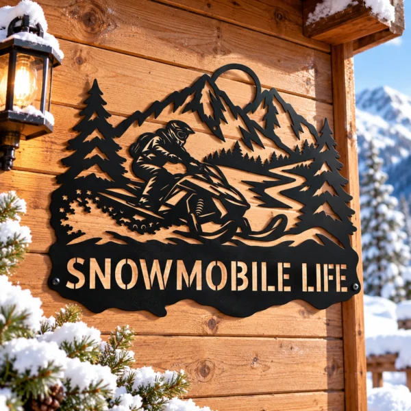 Personalized Snowmobile Metal Sign Winter Wall Art Decor Personalized snowmobile metal sign in 16 gauge steel for winter wall decor, custom rider plaque for cabin, garage and snowmobile gift art.