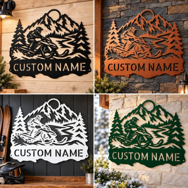 Personalized Snowmobile Metal Sign Winter Wall Art Decor Personalized snowmobile metal sign in 16 gauge steel for winter wall decor, custom rider plaque for cabin, garage and snowmobile gift art.