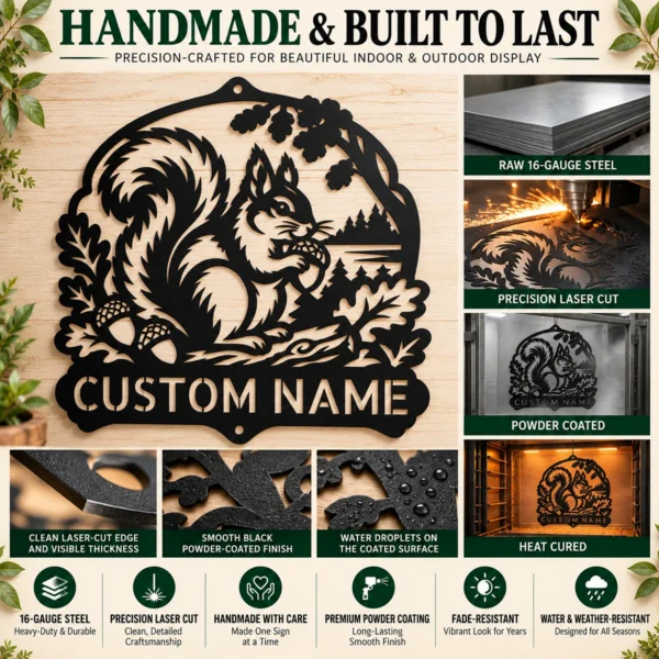 Personalized Squirrels Metal Sign Custom Nature Art Decor Personalized squirrels metal sign in 16 gauge steel for garden wall decor, custom wildlife plaque for outdoor home, nature lover gift art.