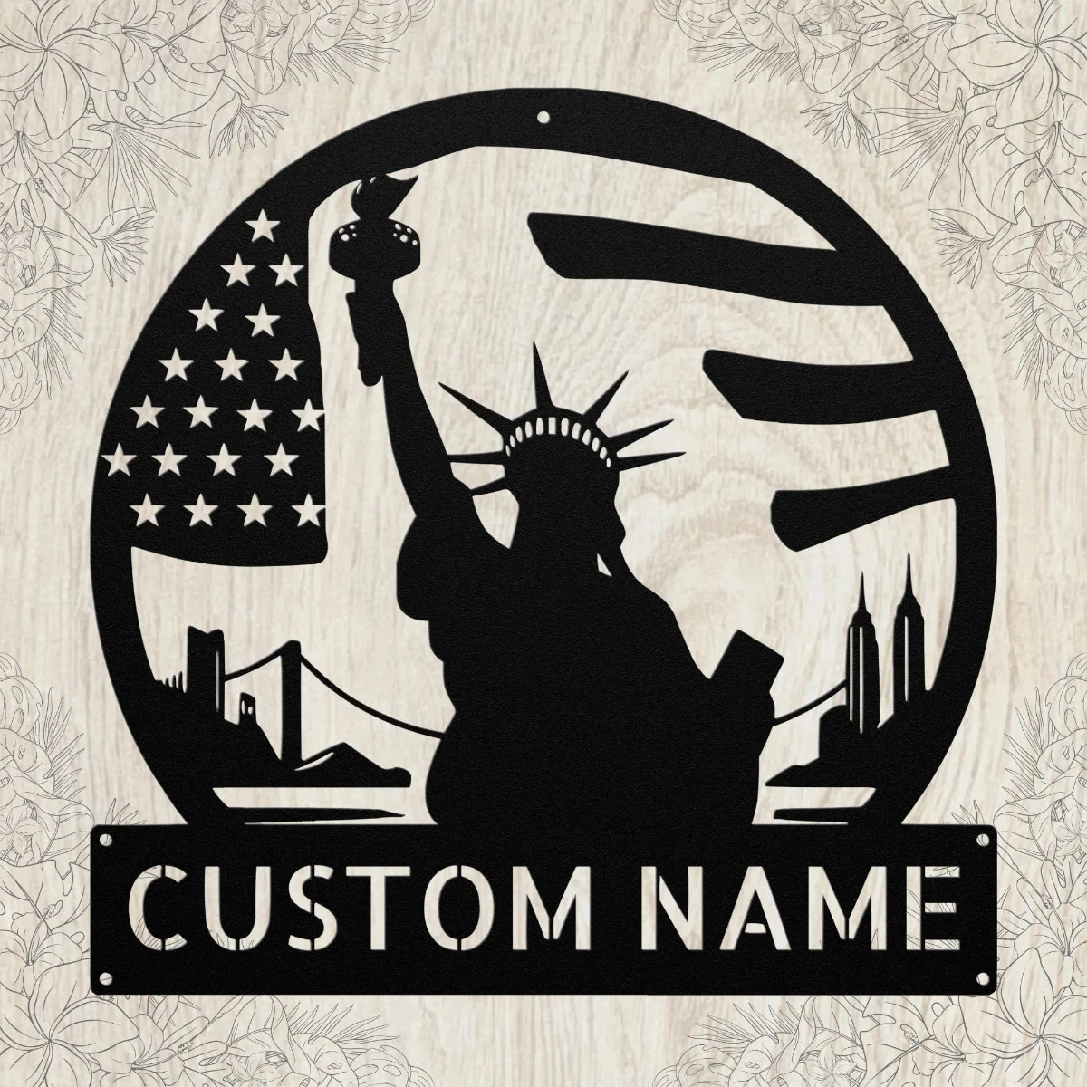 Personalized Statue of Liberty metal sign in 16 gauge steel for patriotic wall decor, custom name plaque for home, office and freedom gift art.