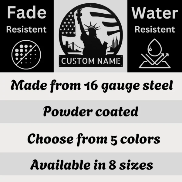 Personalized Statue Of Liberty Metal Sign Custom Patriotic Art Decor Personalized Statue of Liberty metal sign in 16 gauge steel for patriotic wall decor, custom name plaque for home, office and freedom gift art.