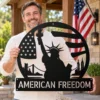 Personalized Statue of Liberty metal sign in 16 gauge steel for patriotic wall decor, custom name plaque for home, office and freedom gift art.