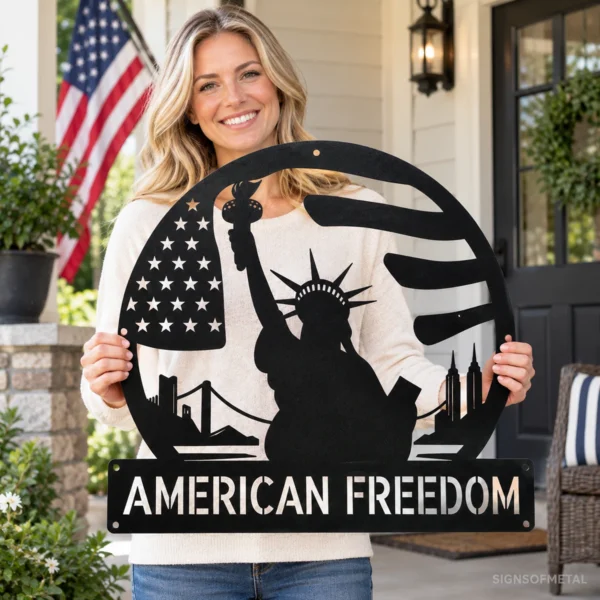 Personalized Statue of Liberty metal sign in 16 gauge steel for patriotic wall decor, custom name plaque for home, office and freedom gift art.