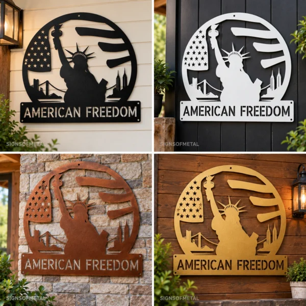 Personalized Statue of Liberty metal sign in 16 gauge steel for patriotic wall decor, custom name plaque for home, office and freedom gift art.