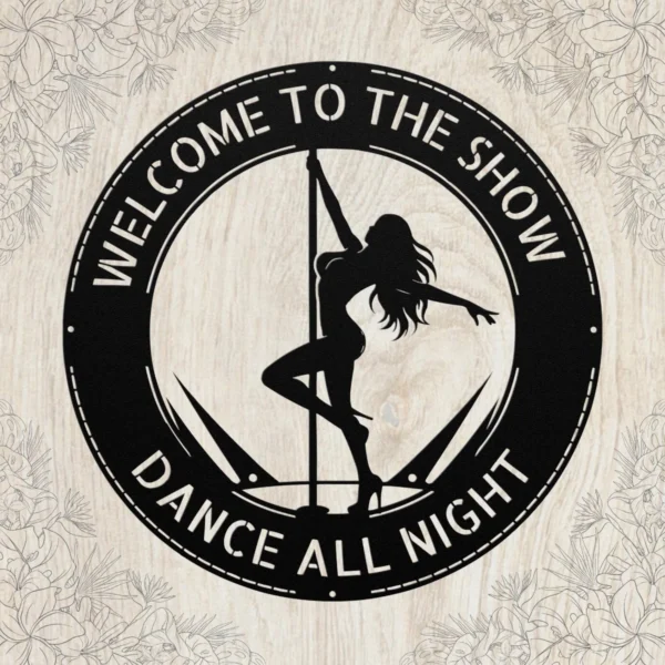 Personalized Stripper Metal Sign Custom Bar Decor A custom black laser-cut metal wall sign featuring a sleek exotic dancer silhouette with personalized text engraved smoothly along the upper border.