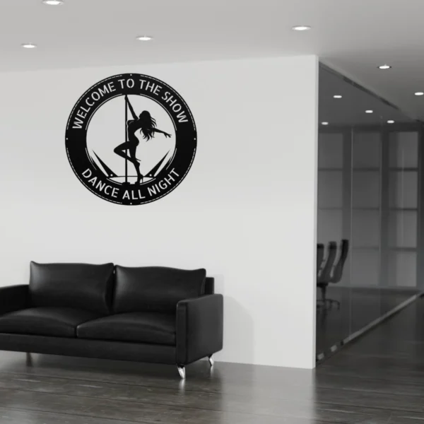Personalized Stripper Metal Sign Custom Bar Decor A custom black laser-cut metal wall sign featuring a sleek exotic dancer silhouette with personalized text engraved smoothly along the upper border.