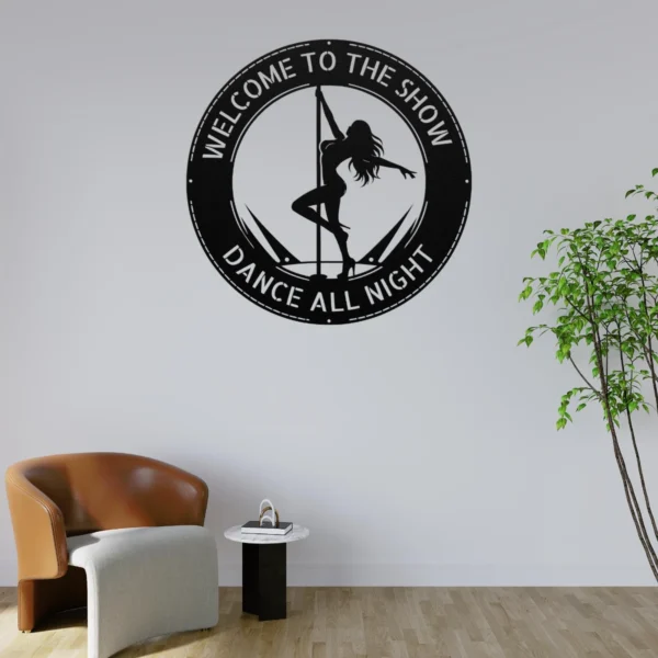 Personalized Stripper Metal Sign Custom Bar Decor A custom black laser-cut metal wall sign featuring a sleek exotic dancer silhouette with personalized text engraved smoothly along the upper border.