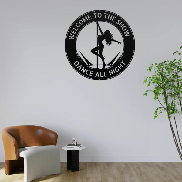 Personalized Stripper Metal Sign Custom Bar Decor A custom black laser-cut metal wall sign featuring a sleek exotic dancer silhouette with personalized text engraved smoothly along the upper border.
