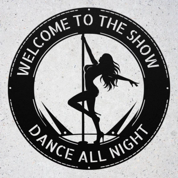 Personalized Stripper Metal Sign Custom Bar Decor A custom black laser-cut metal wall sign featuring a sleek exotic dancer silhouette with personalized text engraved smoothly along the upper border.