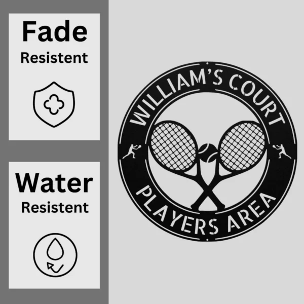 Personalized tennis racket metal sign in 16 gauge steel for sports wall decor, custom tennis plaque for players, gym, club and gift art.