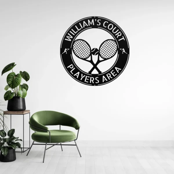 Personalized tennis racket metal sign in 16 gauge steel for sports wall decor, custom tennis plaque for players, gym, club and gift art.